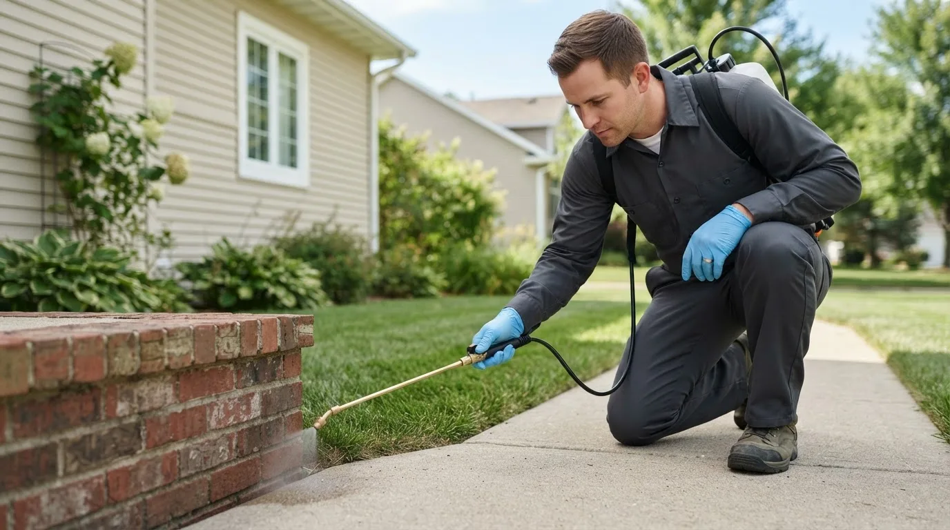 Pest control technician treating a home near Moffett, OK