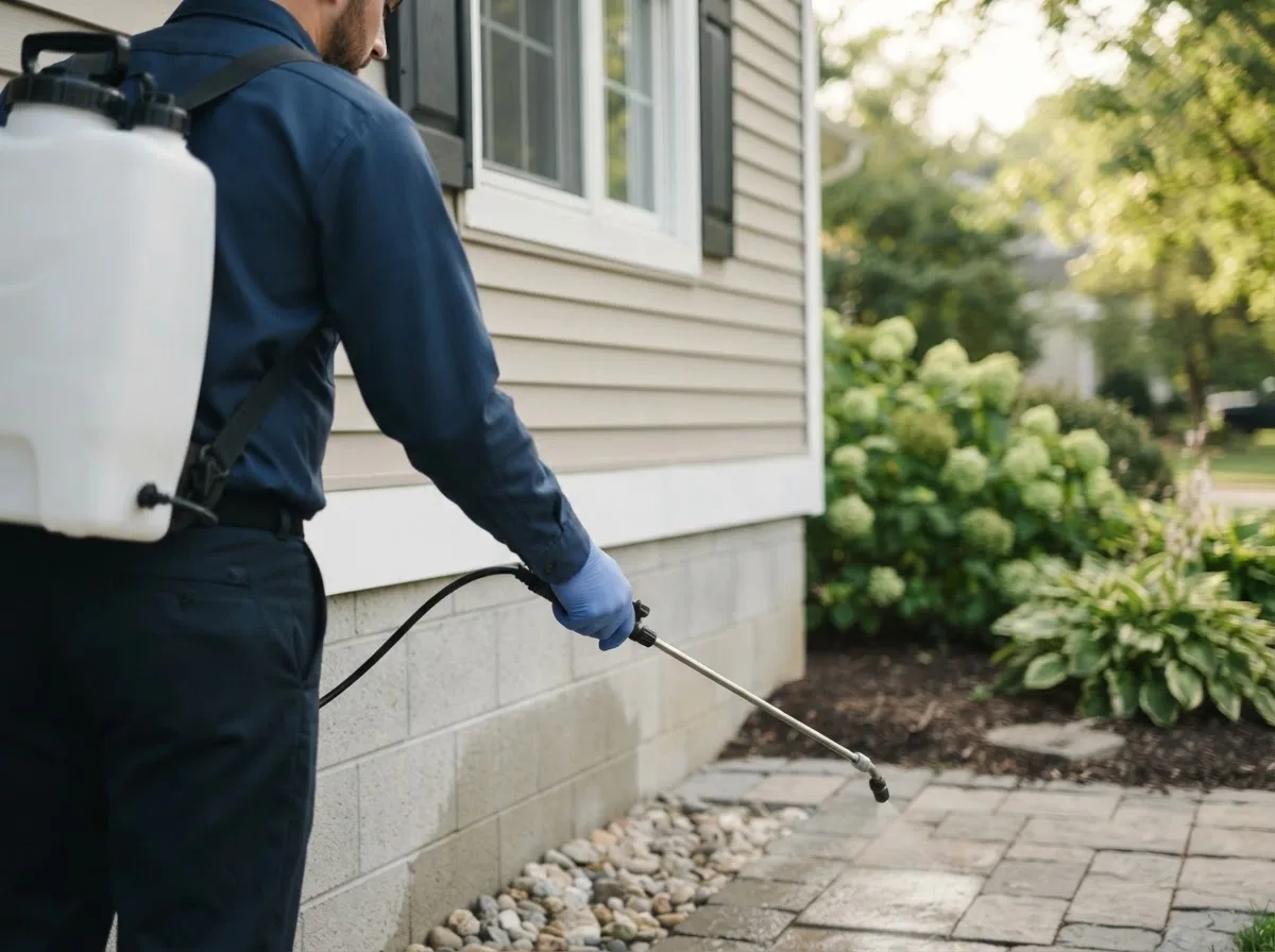 Pest control technician inspecting a home in Moffett, OK